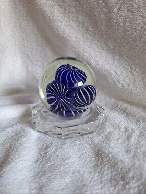 Vtg Murano Style Cobalt Blue Swirl Art Glass Paperweight Orb & Crystal Stand